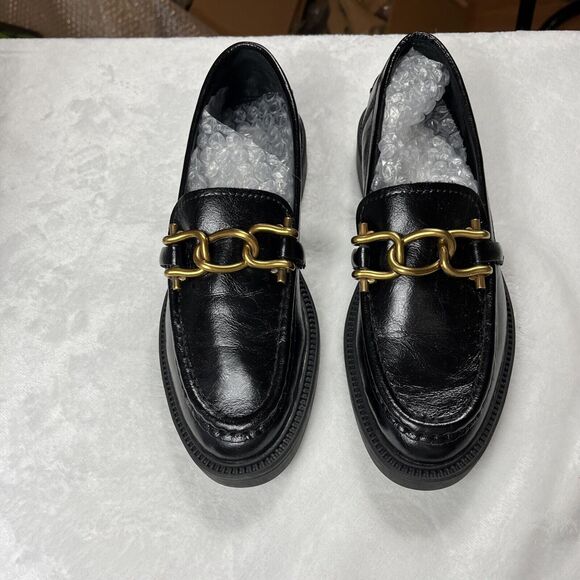 NWOB Steve Madden Karmine Loafers 7 Flats Black Gold Chain Horse Bit Academia - Picture 1 of 10